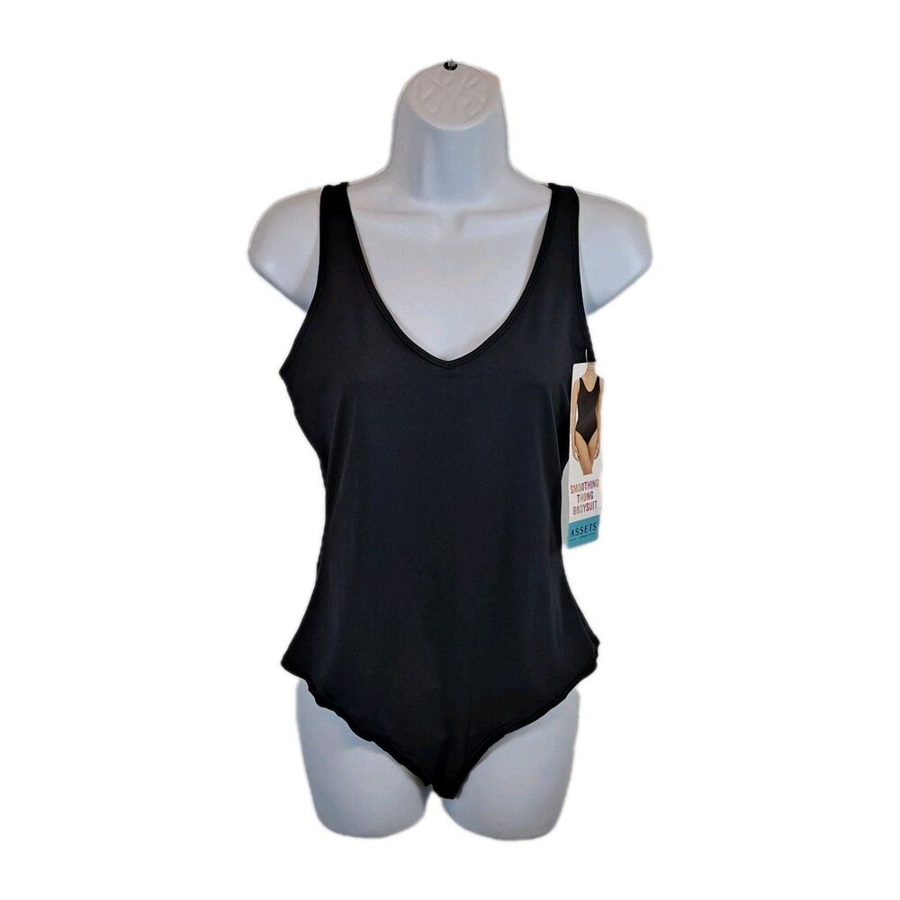 Assets Spanx Womens Smoothing Thong Bodysuit Size L Black Snap Closure
